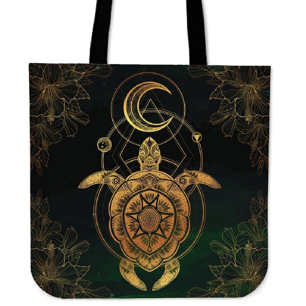 Turtle Hibiscus Golden Galaxy Tote Bag Tote Bag One Size Black - Polynesian Pride