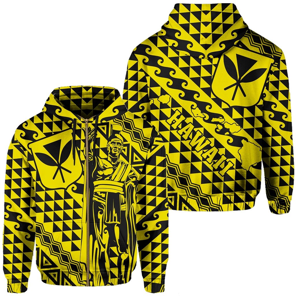 Hawaii Hoodie (Zip) King Kakau Kanaka Yellow Unisex Yellow - Polynesian Pride