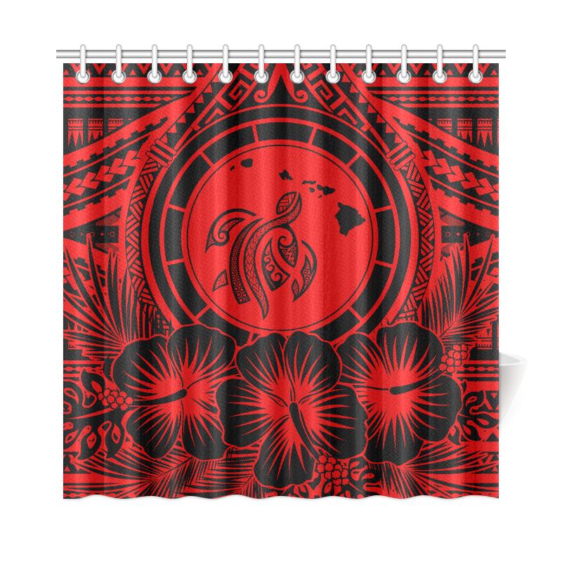 Hawaii Map Honu Hibiscus Red Polynesian Shower Curtain - Polynesian Pride
