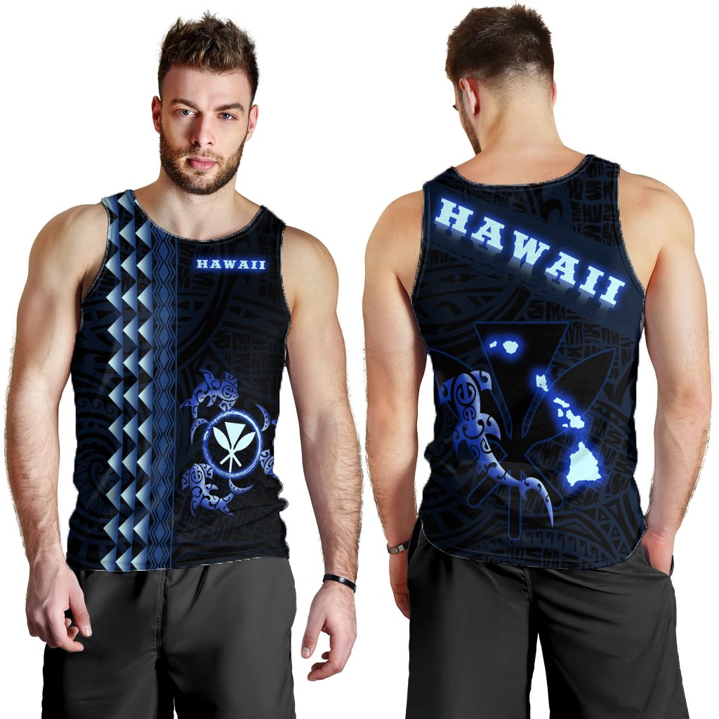 Hawaiian Polynesian Kanaka And Shark Men's Tank Top - Light Style - AH Blue - Polynesian Pride