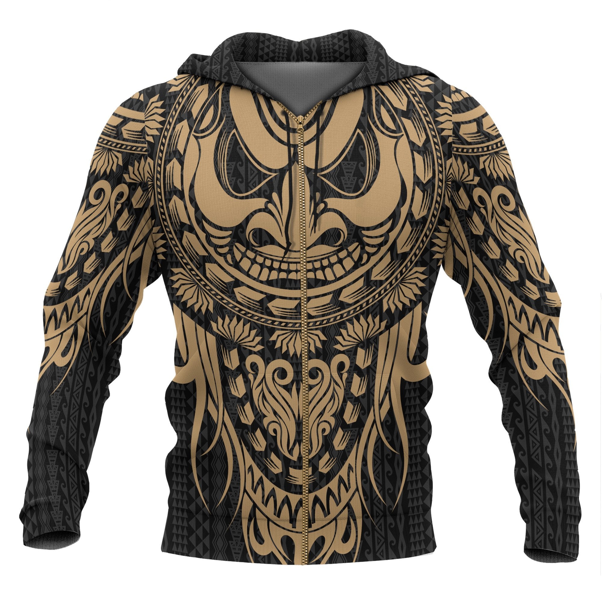 Polynesian All Over Zip up Hoodie Tattoo Tiki Gold Unisex Gold - Polynesian Pride