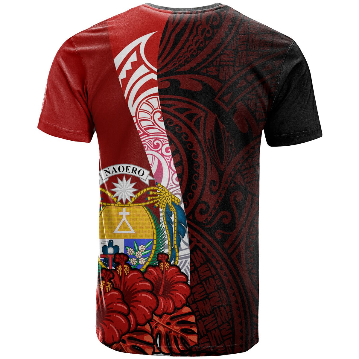 Nauru Polynesian Custom T Shirt Coat Of Arm With Hibiscus - Polynesian Pride