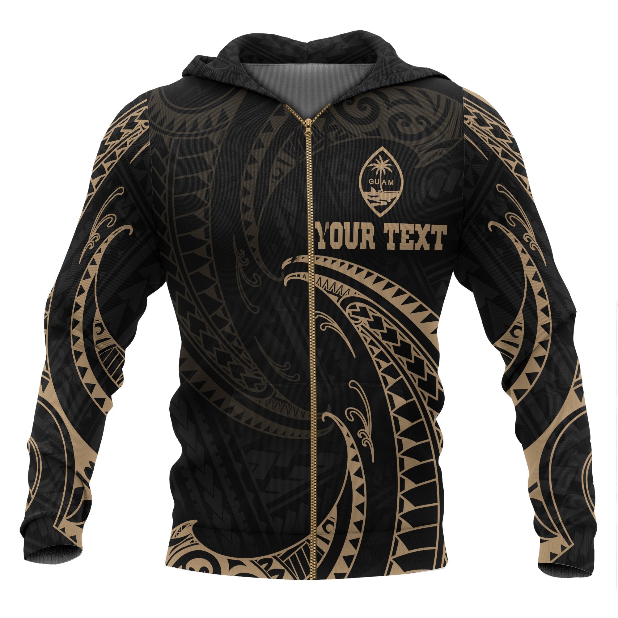 Guam Polynesian All Over Custom Zip up Hoodie Gold Tribal Wave Unisex Black - Polynesian Pride