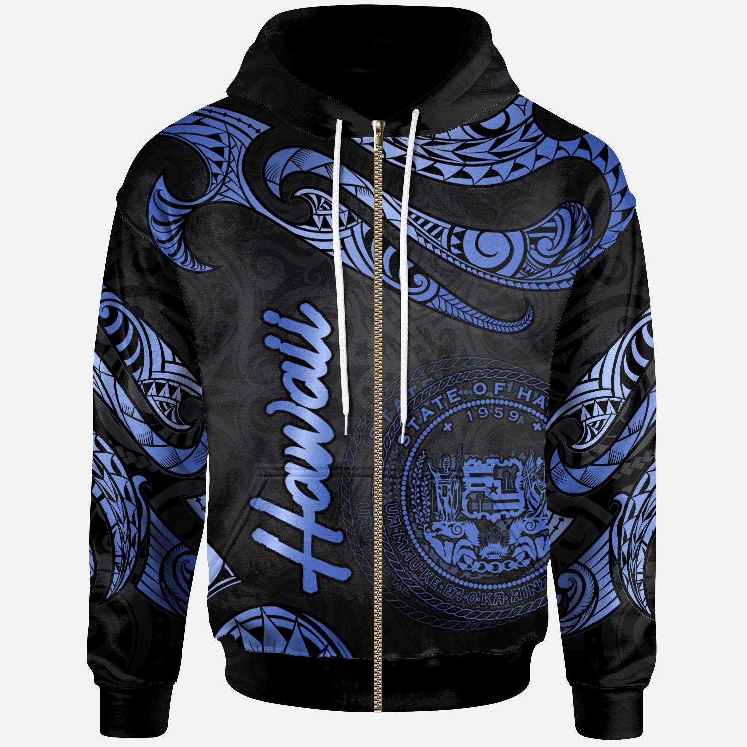 Hawaii Polynesian Zip Hoodie Polynesian Tattoo Blue Version Unisex Blue - Polynesian Pride