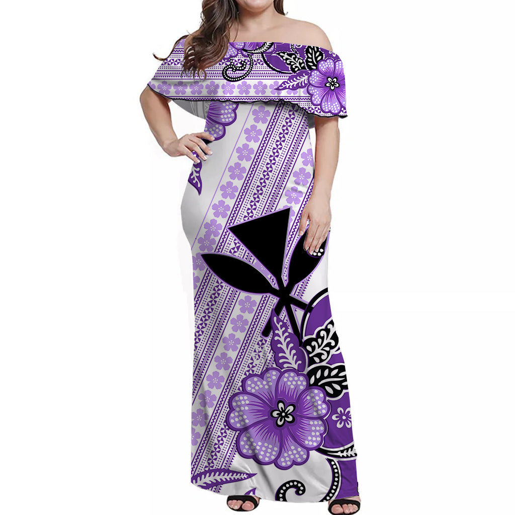 Hawaii Off Shoulder Long Dress Kakau Tribal Purple Batik Floral Ver.02 LT13 Women Purple - Polynesian Pride