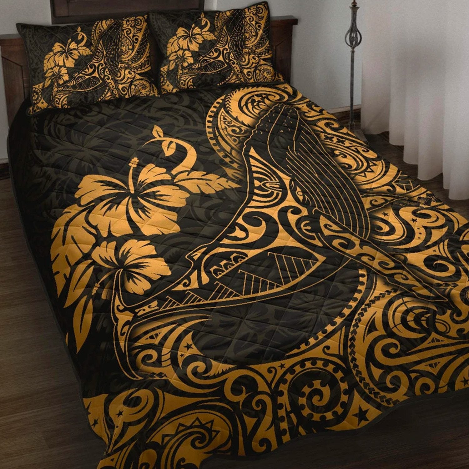 Polynesian Hawaii Quilt Bed Set - Polynesian Golden Humpback Whale Golden - Polynesian Pride