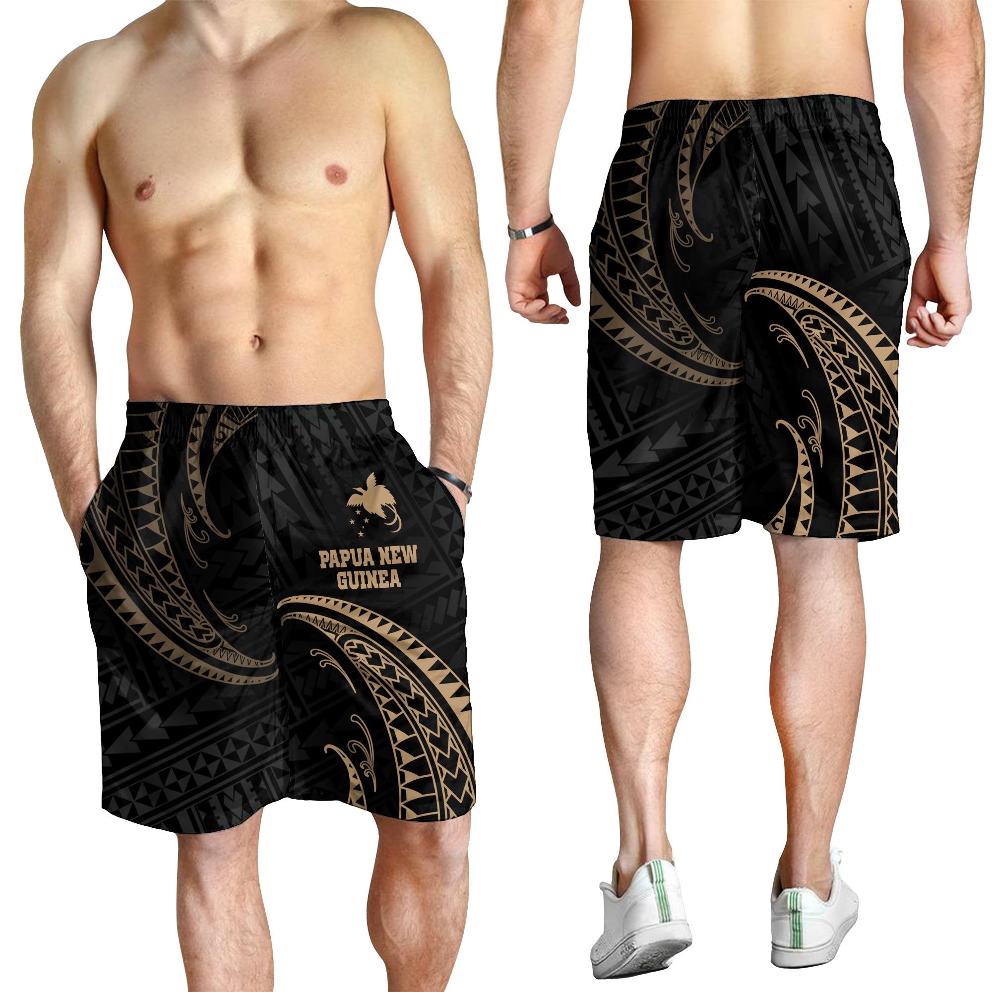 Papua New Guinea Polynesian Men's Short - Gold Tribal Wave - Polynesian Pride