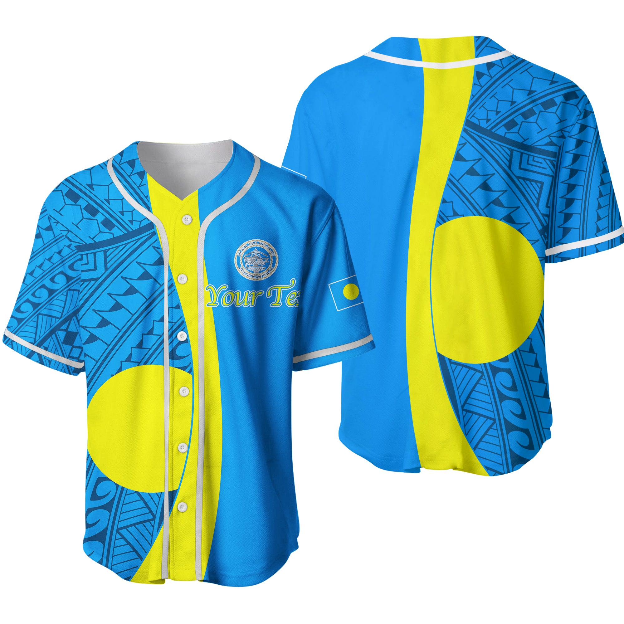 (Custom Personalised) Palau Baseball Jersey Tribal Pattern - LT12 Blue - Polynesian Pride