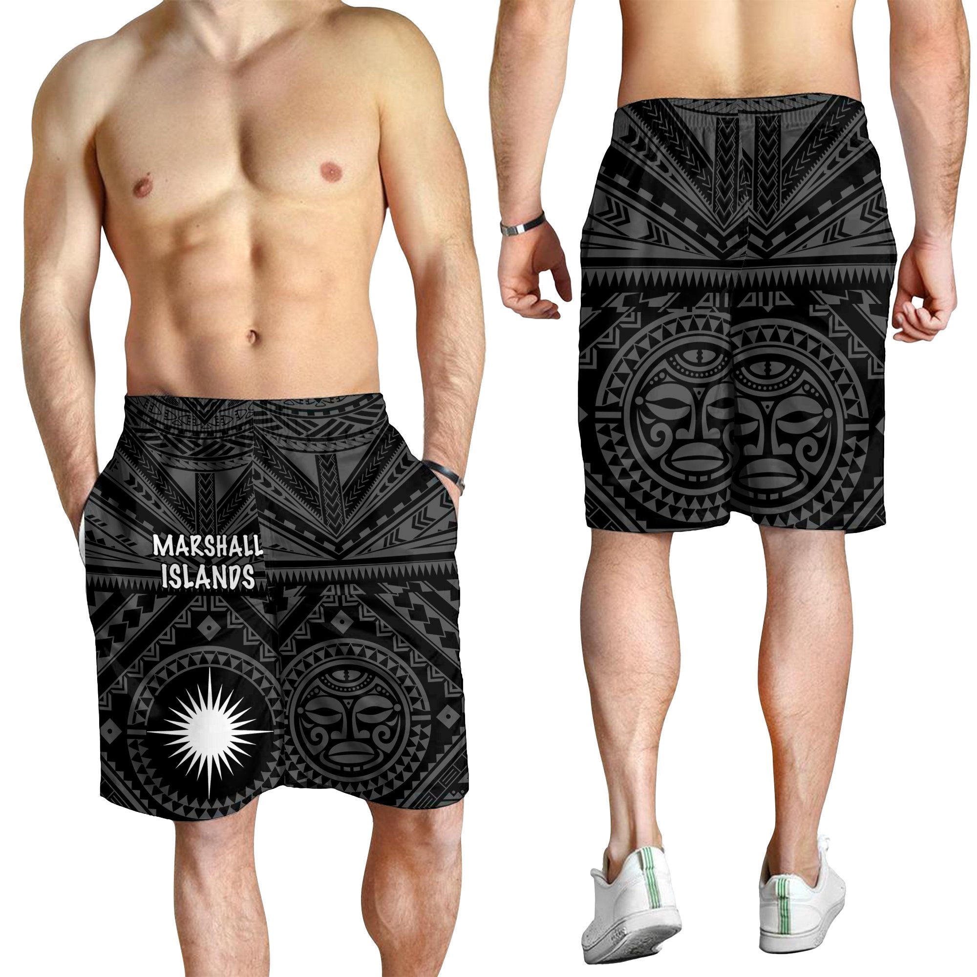 Marshall Men's Shorts - Marshall Seal With Polynesian Tattoo Style ( Black) Black - Polynesian Pride