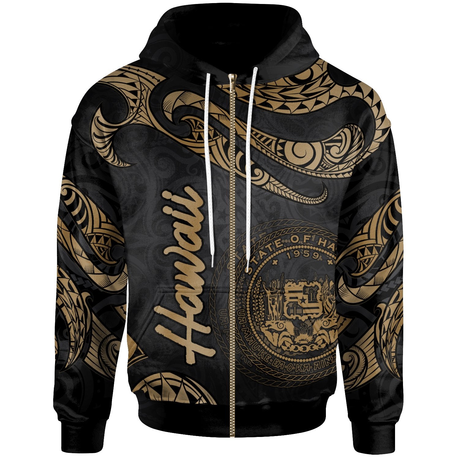 Hawaii Polynesian Zip Hoodie Polynesian Tattoo Gold Version Unisex Gold - Polynesian Pride