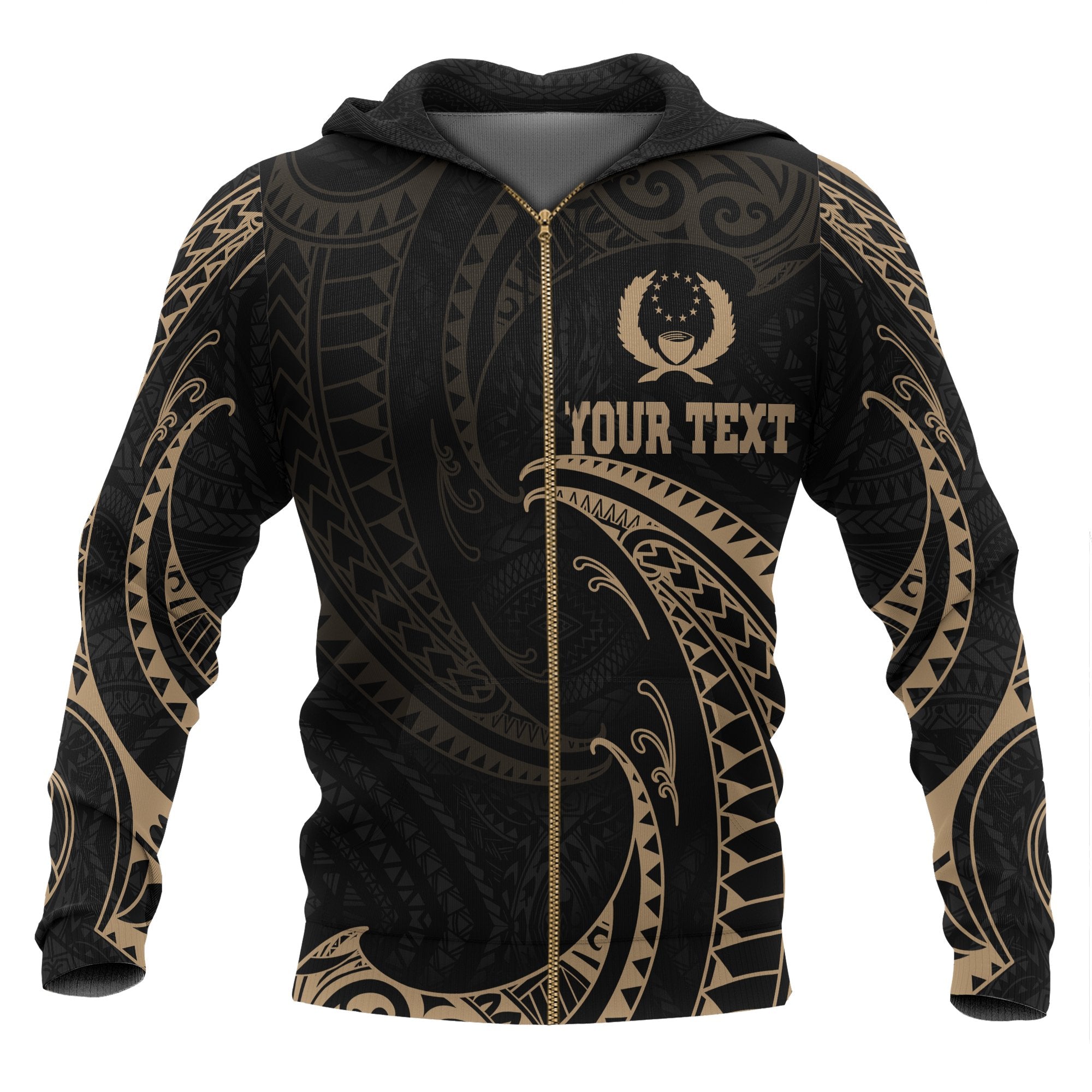 Pohnpei Micronesia All Over Custom Zip up Hoodie Gold Tribal Wave Unisex Black - Polynesian Pride