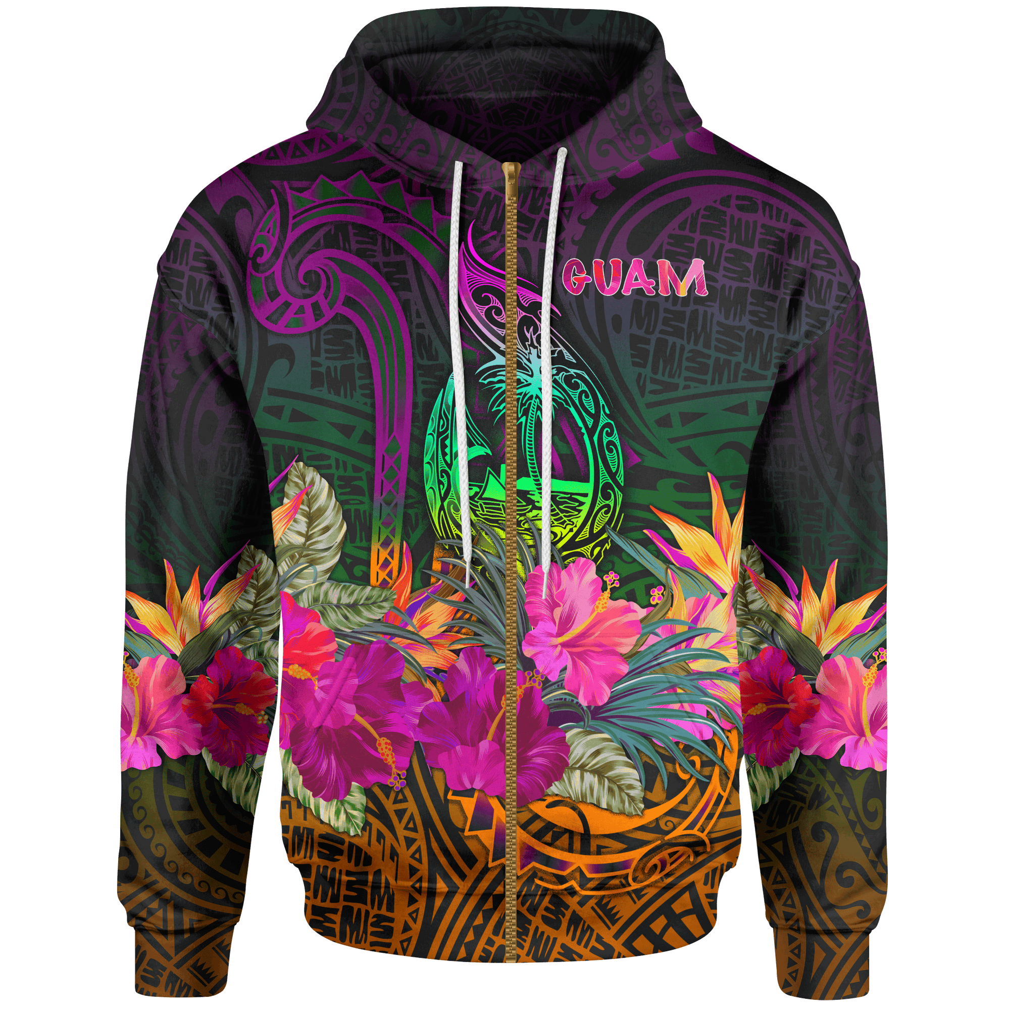 Guam Polynesian Zip up Hoodie Summer Hibiscus Unisex Reggae - Polynesian Pride