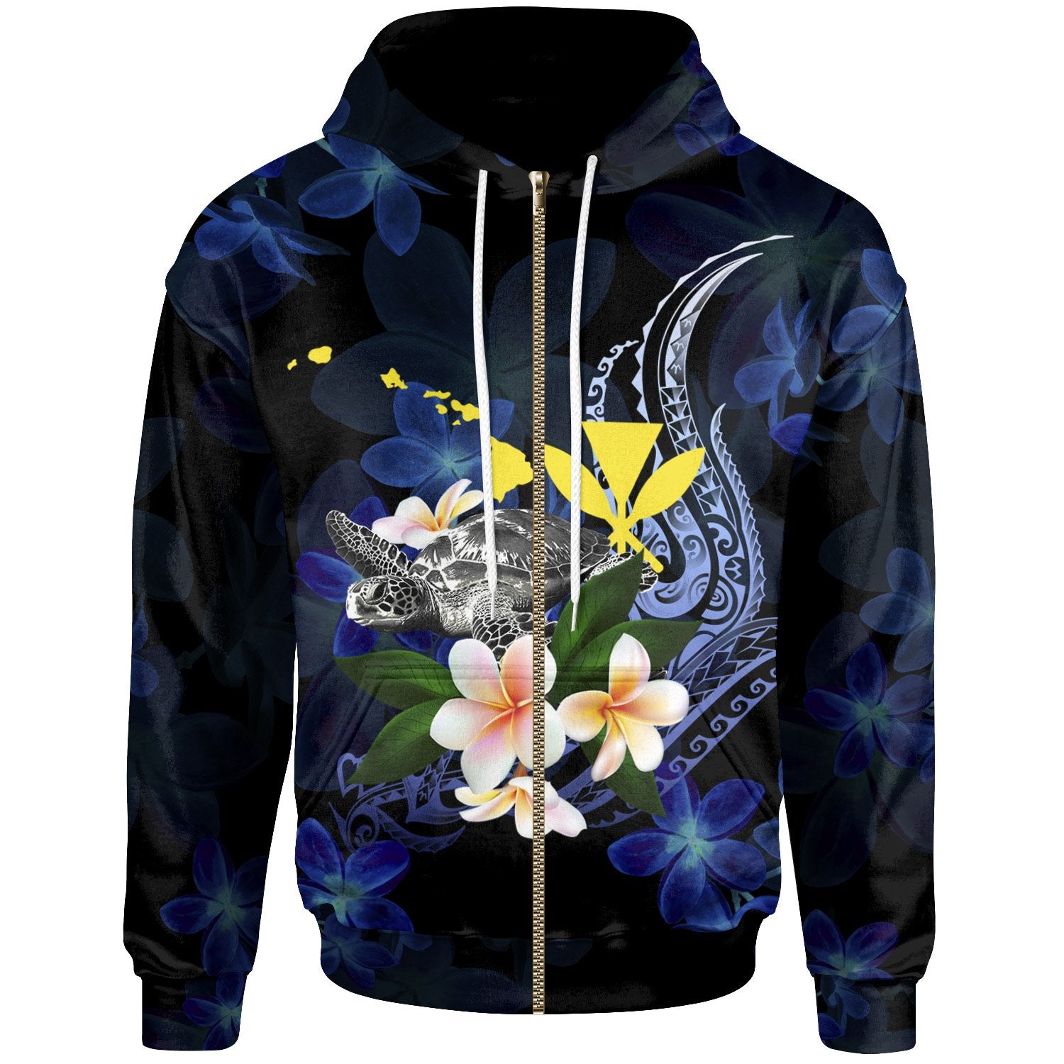 Polynesian Hawaii Zip up Hoodie Turtle With Plumeria Flowers Unisex Blue - Polynesian Pride