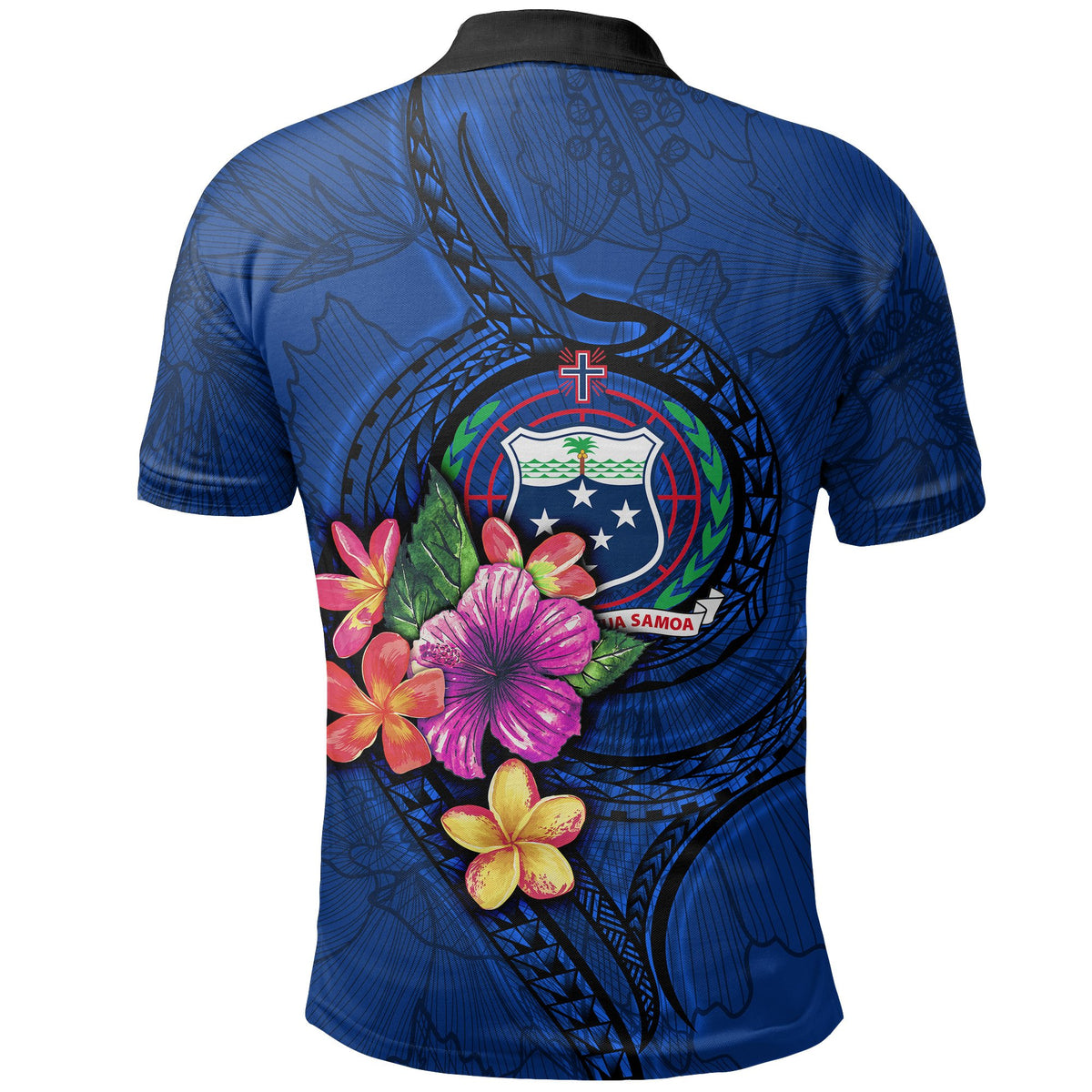 Samoa Polynesian Polo Shirt Floral With Seal Blue - Polynesian Pride