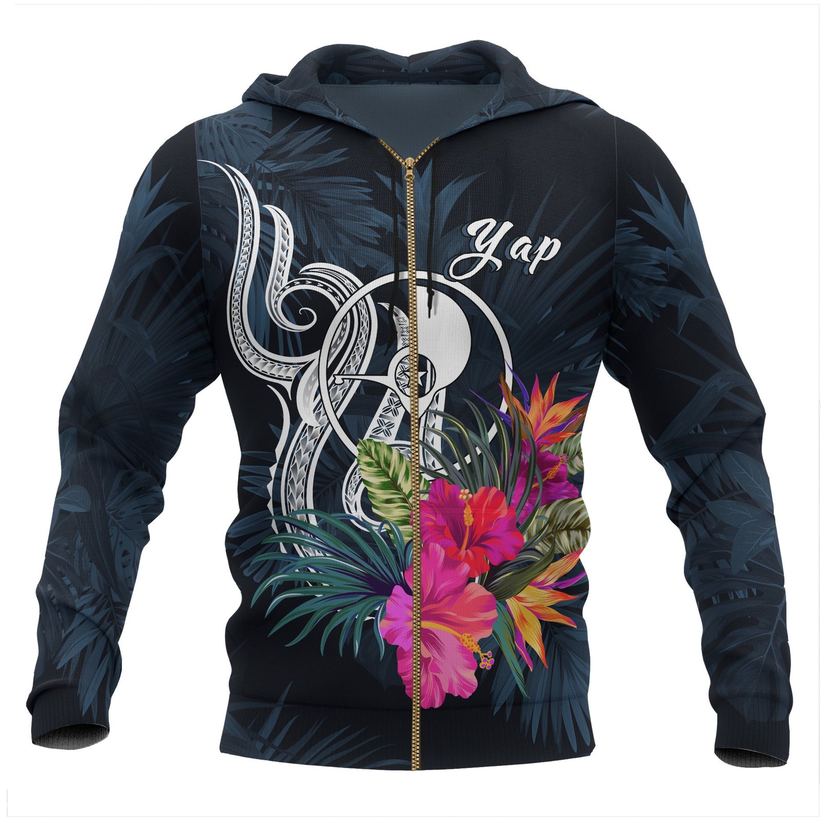 Yap Micronesia Zip up Hoodie Tropical Flowers Unisex Blue - Polynesian Pride