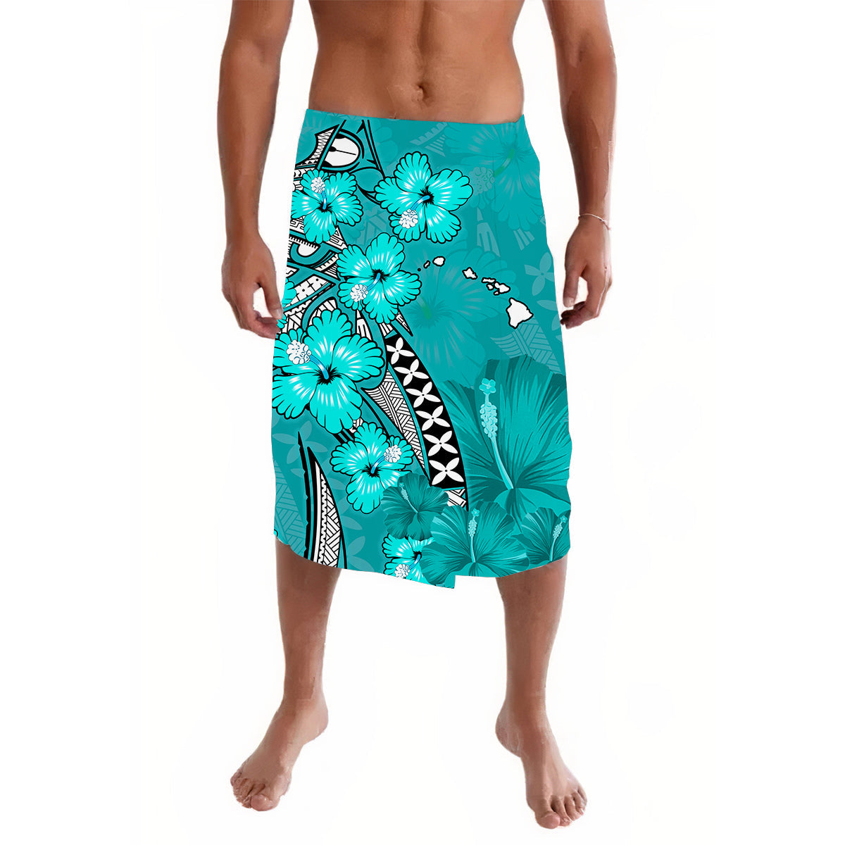 Hawaii Lavalava Polynesian Turquoise Hibiscus and Map Mystical LT13 Turquoise - Polynesian Pride