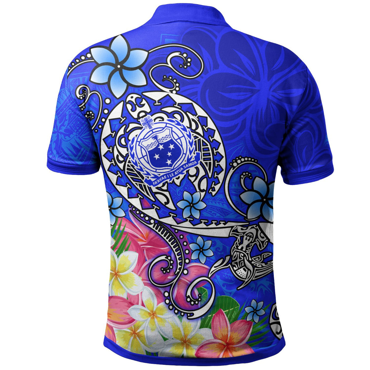 Samoa Custom Polo Shirt Turtle Plumeria (Blue) - Polynesian Pride