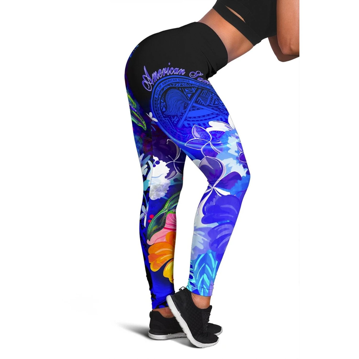 American Samoa Polynesian Women's Leggings - Humpback Whale with Tropical Flowers (Blue) Blue - Polynesian Pride