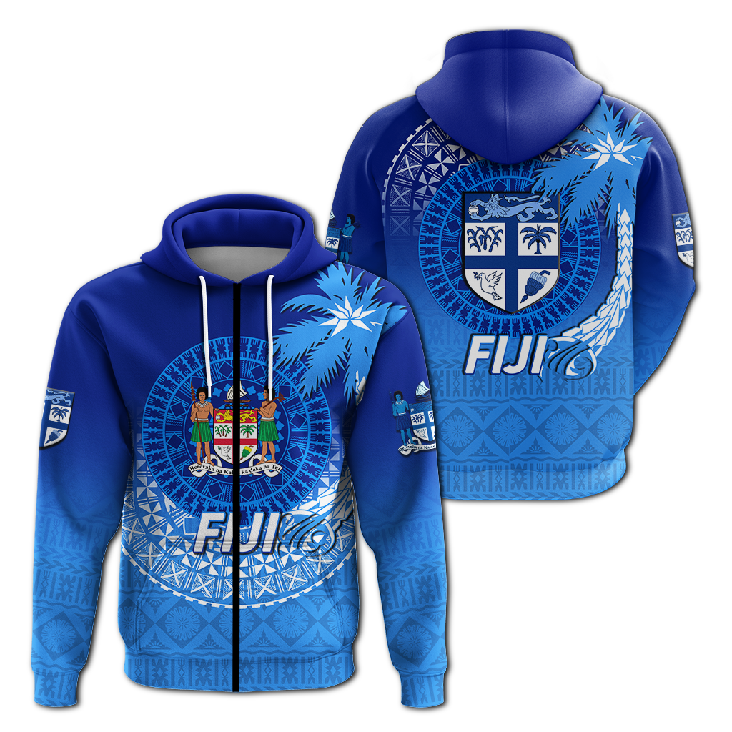 Fiji Tapa Tribal Coconut Tree Hoodie LT12 Zip Hoodie Blue - Polynesian Pride