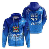 Fiji Tapa Tribal Coconut Tree Hoodie LT12 Zip Hoodie Blue - Polynesian Pride