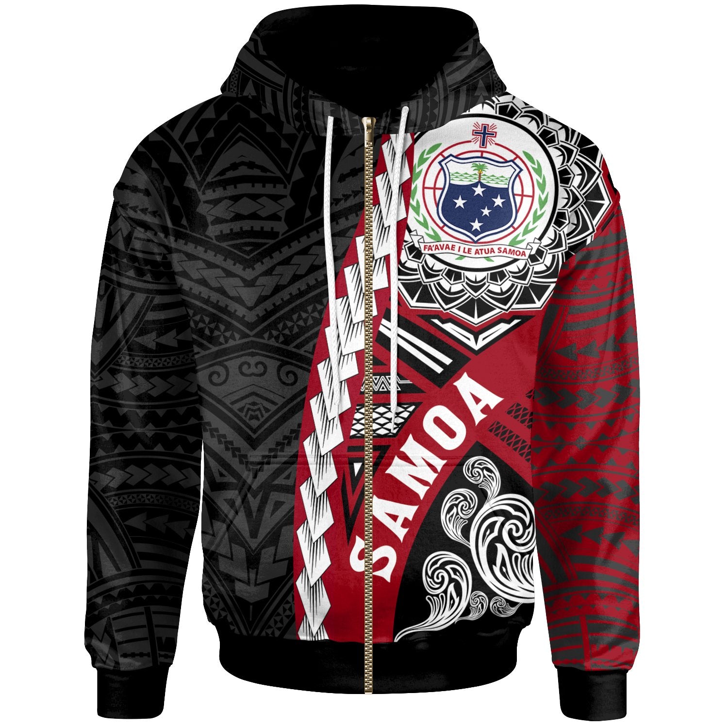 Samoa Polynesian Zip up Hoodie Wave Tattoo Unisex Black - Polynesian Pride