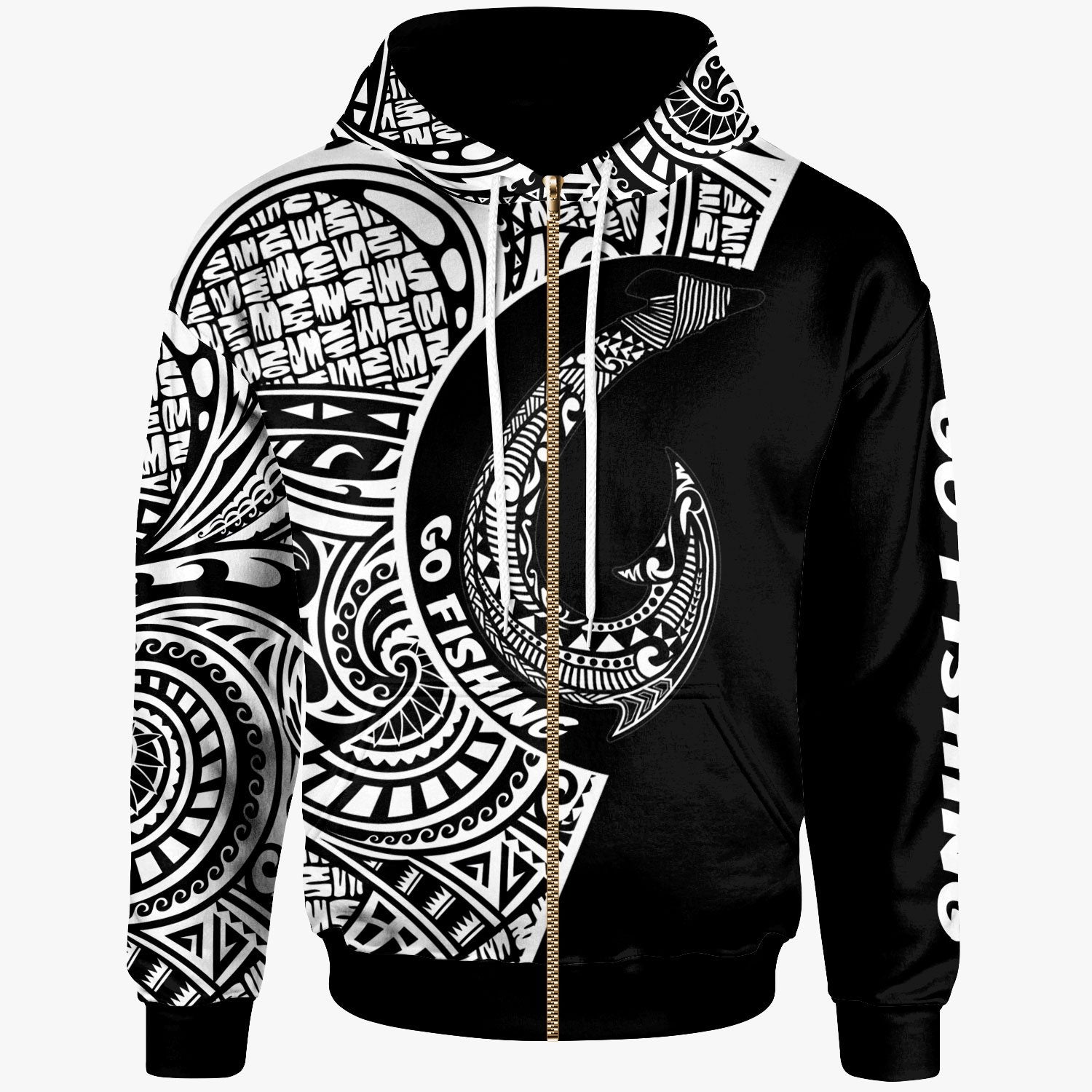 Tuvalu Zip Hoodie Hook Tattoo Black Color Unisex Black - Polynesian Pride