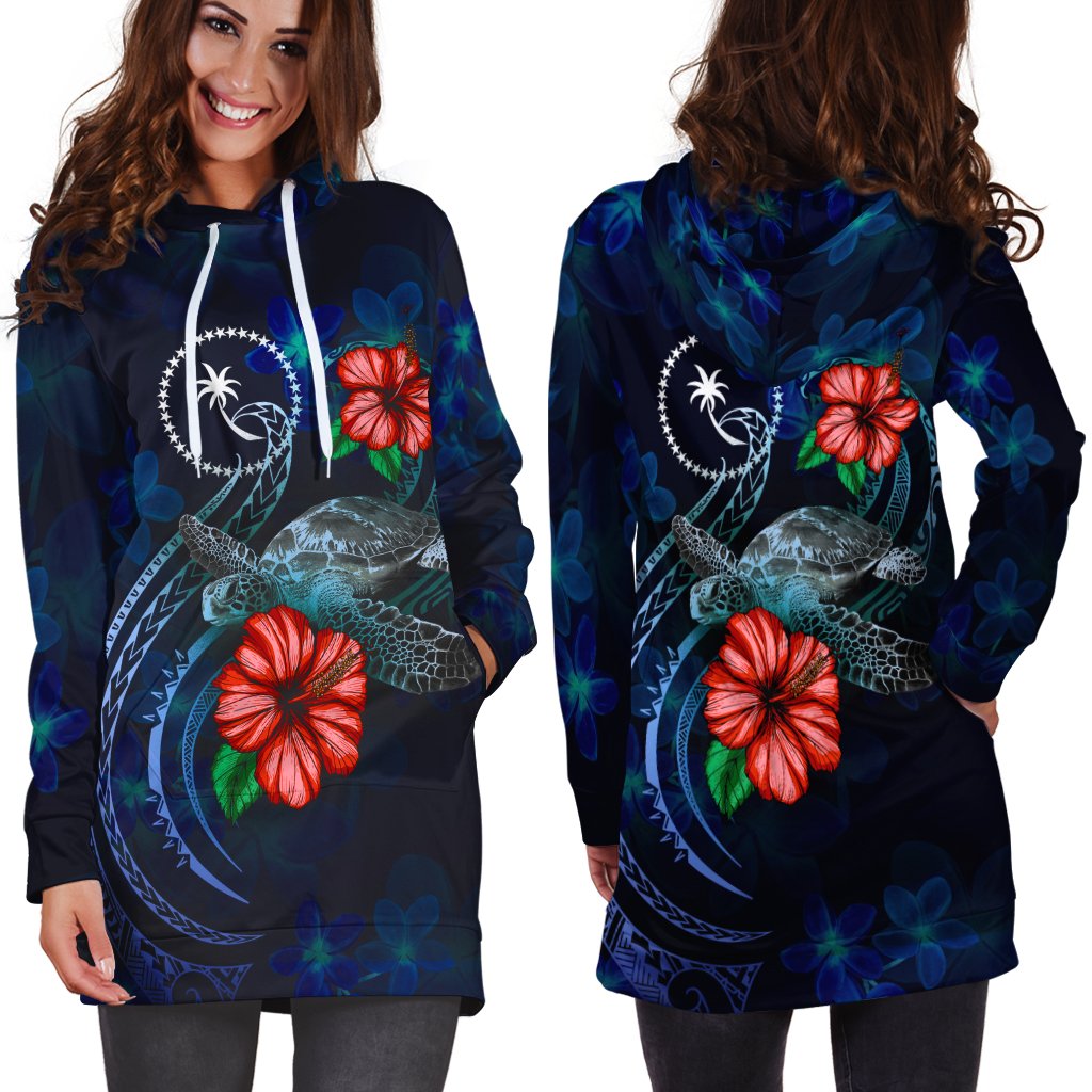 Chuuk Polynesian Hoodie Dress - Blue Turtle Hibiscus - Polynesian Pride