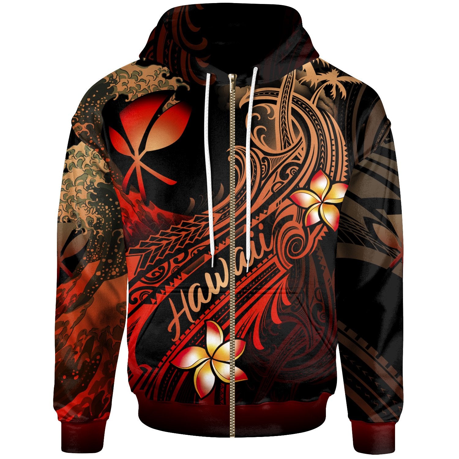 Hawaii Polynesian Zip up Hoodie Plumeria Flowers and Waves Unisex Red - Polynesian Pride