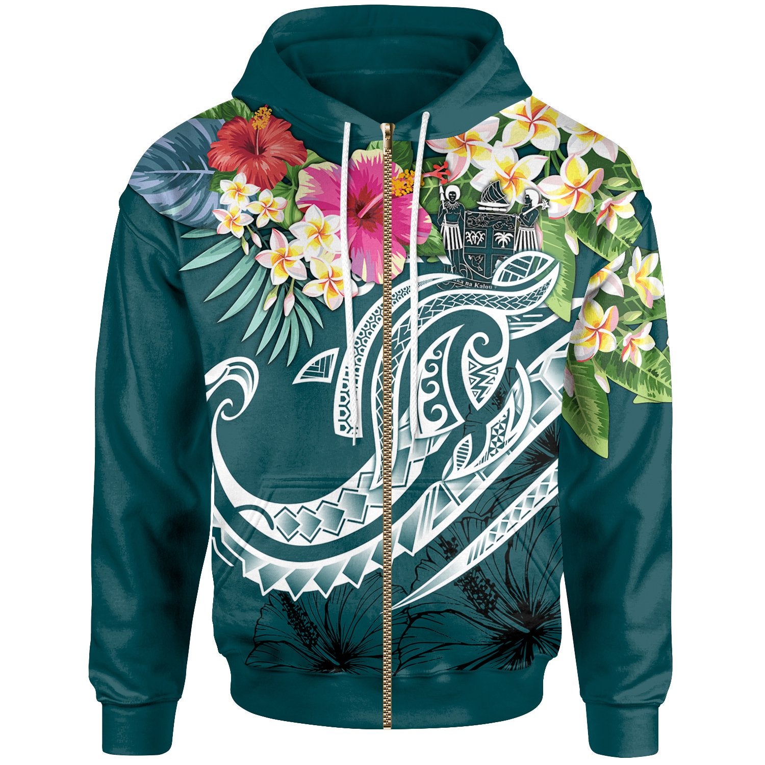 Fiji Polynesian Zip up Hoodie Summer Plumeria (Turquoise) Unisex Turquoise - Polynesian Pride