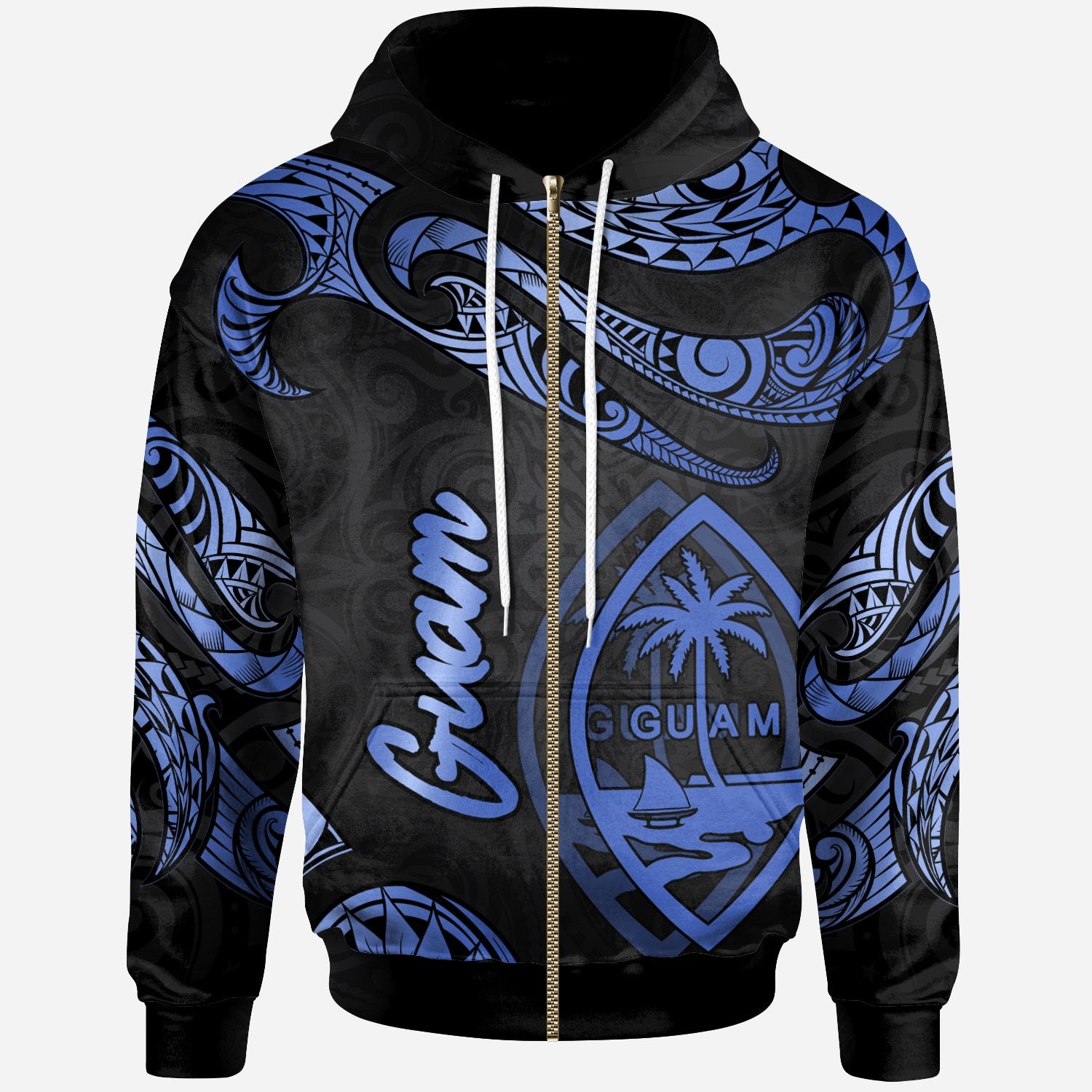 Guam Polynesian Zip Hoodie Polynesian Tattoo Blue Version Unisex Blue - Polynesian Pride
