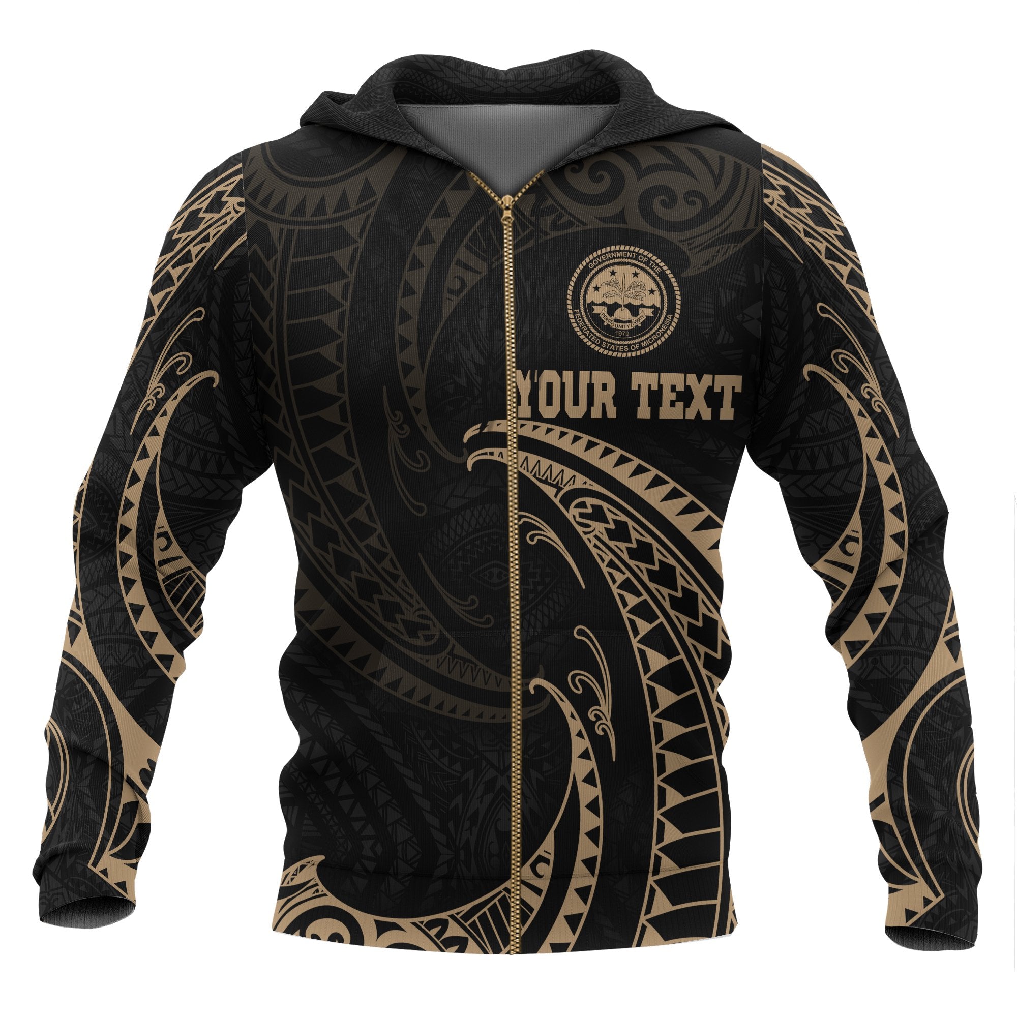 Federated States of Micronesia All Over Custom Zip up Hoodie Gold Tribal Wave Unisex Black - Polynesian Pride