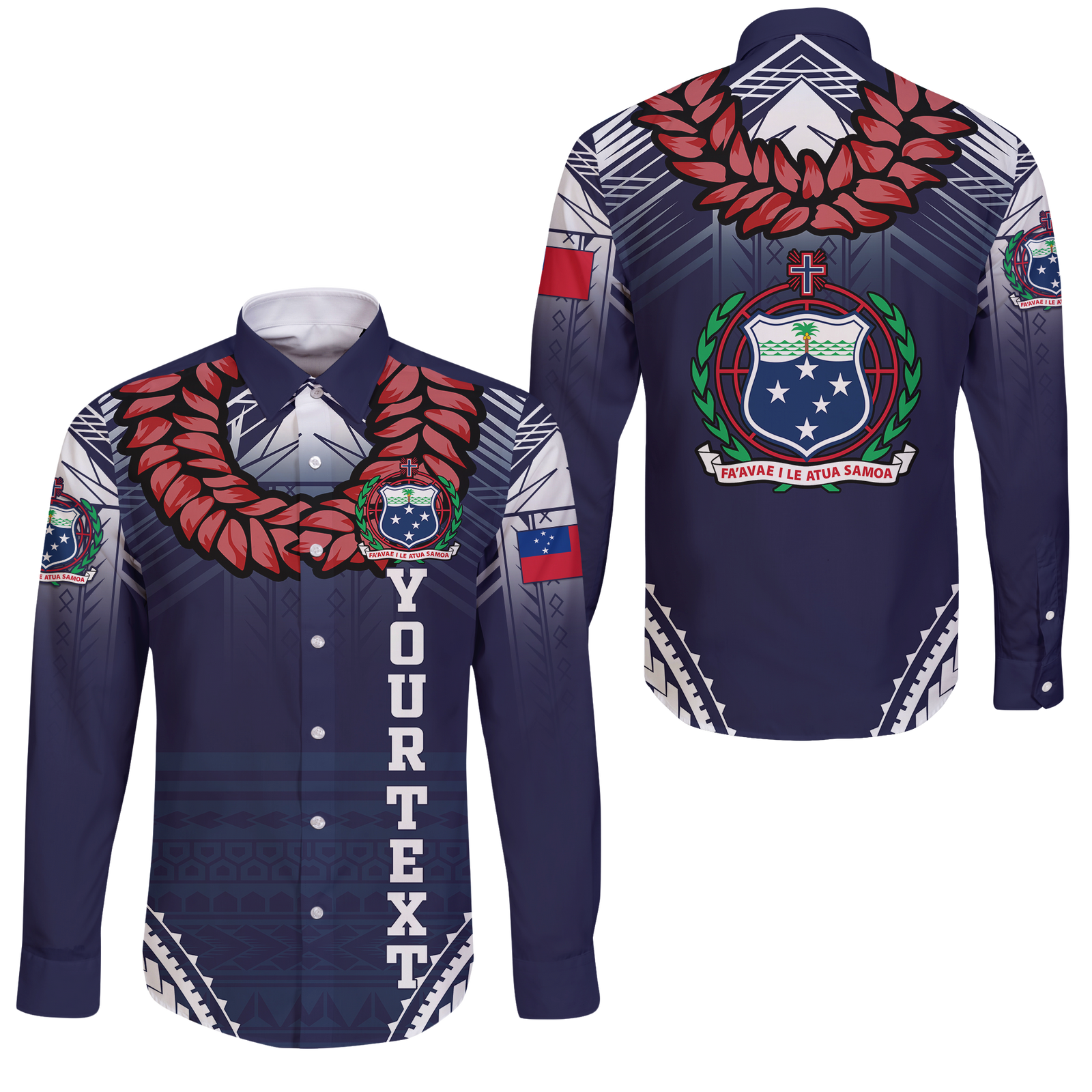 (Custom Personalised) Samoan Ula Fala Art Long Sleeve Button Shirt - LT12 Unisex Blue - Polynesian Pride