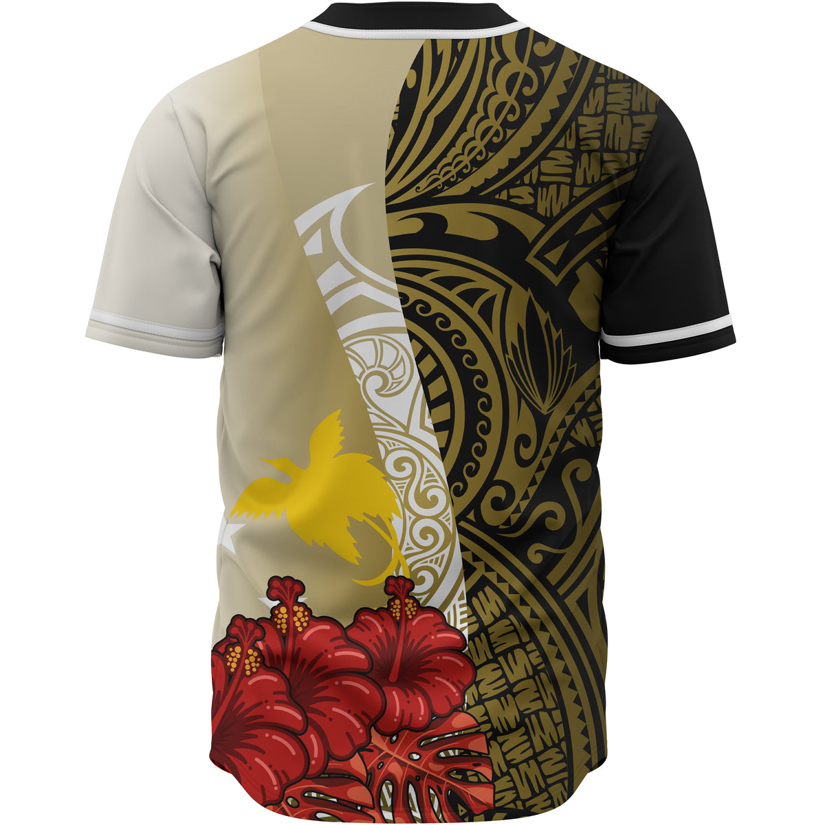Papua New Guinea Polynesian Baseball Shirt - Coat Of Arm With Hibiscus Gold - Polynesian Pride