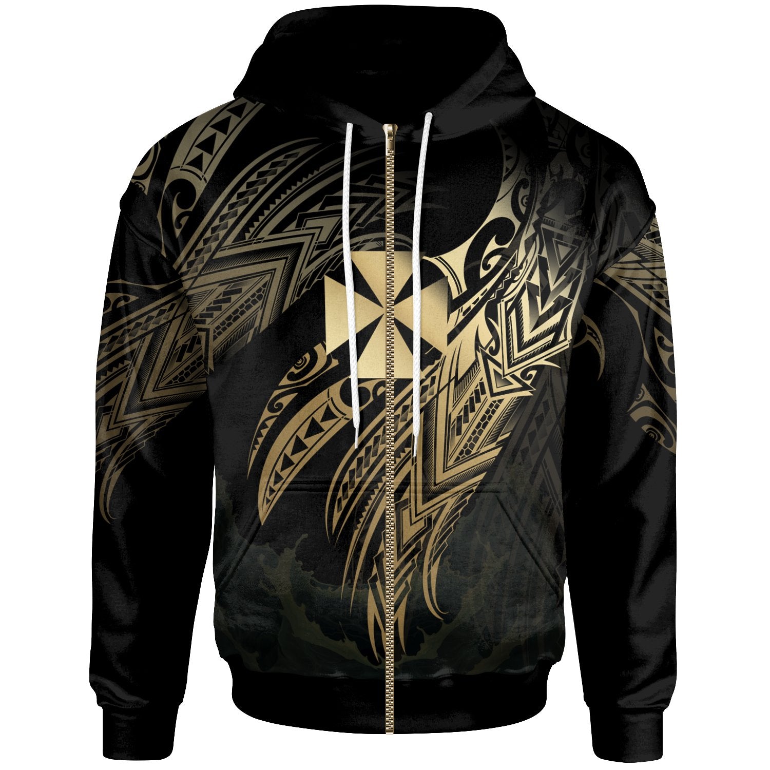 Wallis and Futuna Polynesian Zip Hoodie Legend Gold Version Unisex Black - Polynesian Pride