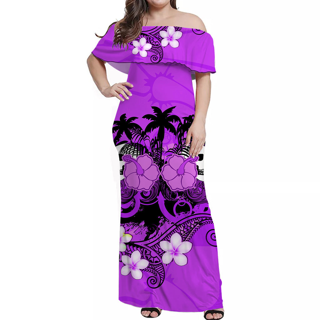 Hawaii Skull Off Shoulder Long Dress Mysterious Polynesia and Purple Flowers LT13 Women Purple - Polynesian Pride