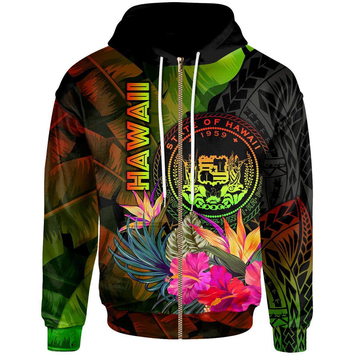 Polynesian Hawaii Polynesian Zip up Hoodie Hibiscus and Banana Leaves Unisex Reggae - Polynesian Pride