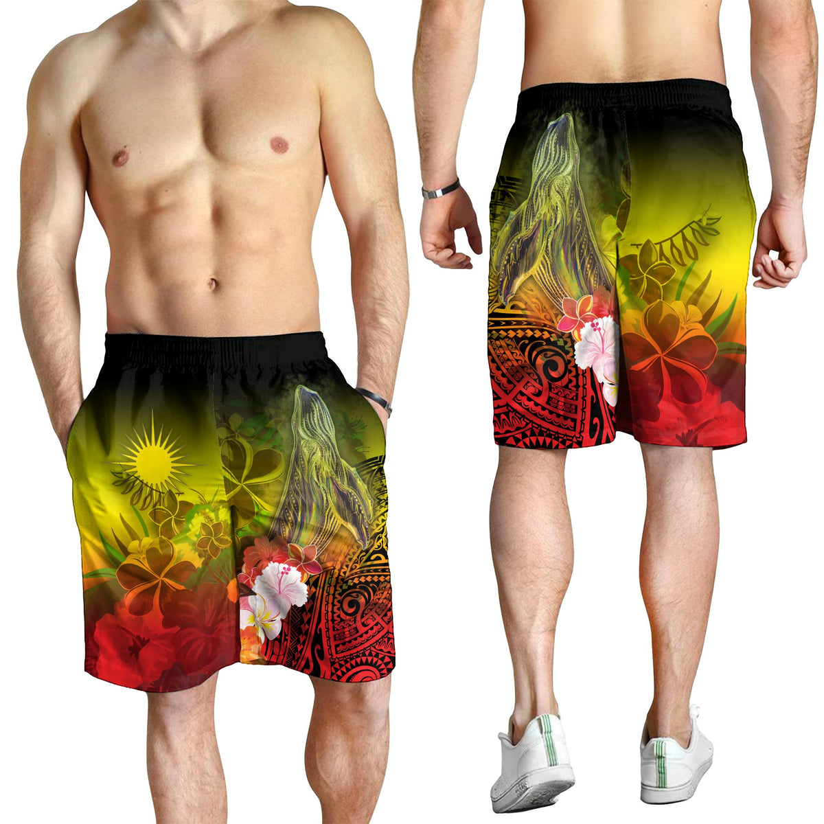 Marshall Islands Men's Short - Humpback Whale with Tropical Flowers (Yellow) - Polynesian Pride
