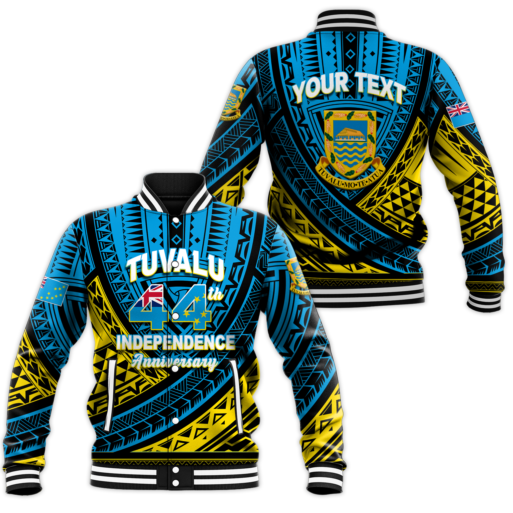 (Custom Personalised) Tuvalu Baseball Jacket 44th Independence Anniversary - Tribal Pattern - LT12 Unisex Blue - Polynesian Pride