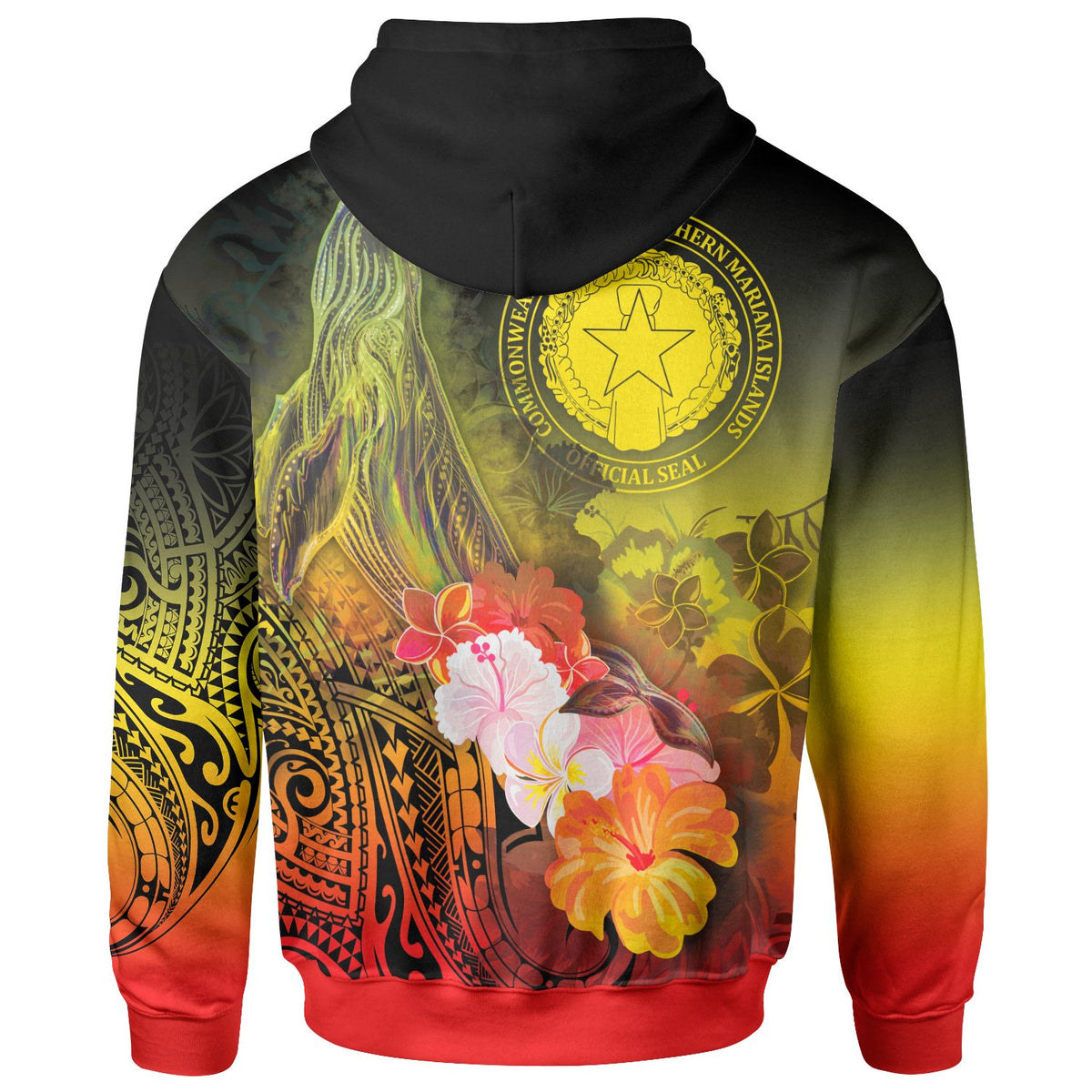 CNMI Custom Zip up Hoodie Humpback Whale with Tropical Flowers (Yellow) - Polynesian Pride