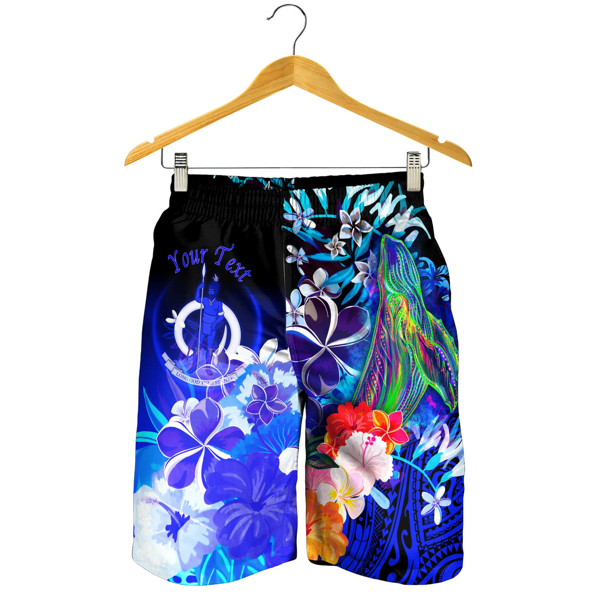 Vanuatu Custom Personalised Men's Shorts - Humpback Whale with Tropical Flowers (Blue) - Polynesian Pride