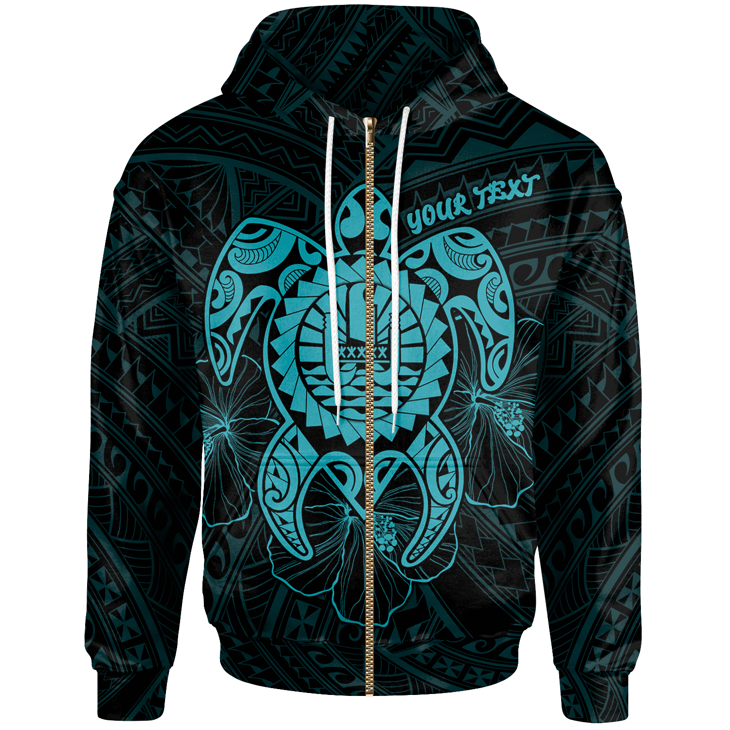 Tahiti Polynesian Custom Zip up Hoodie Vintage Polynesian Turtle (Turquoise) Unisex Turquoise - Polynesian Pride