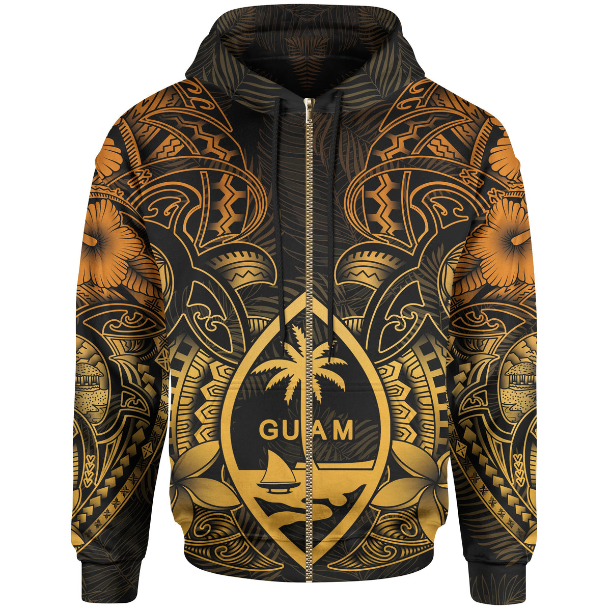 Guam Polynesian Zip up Hoodie Gold Turtle Homeland Unisex GOLD - Polynesian Pride