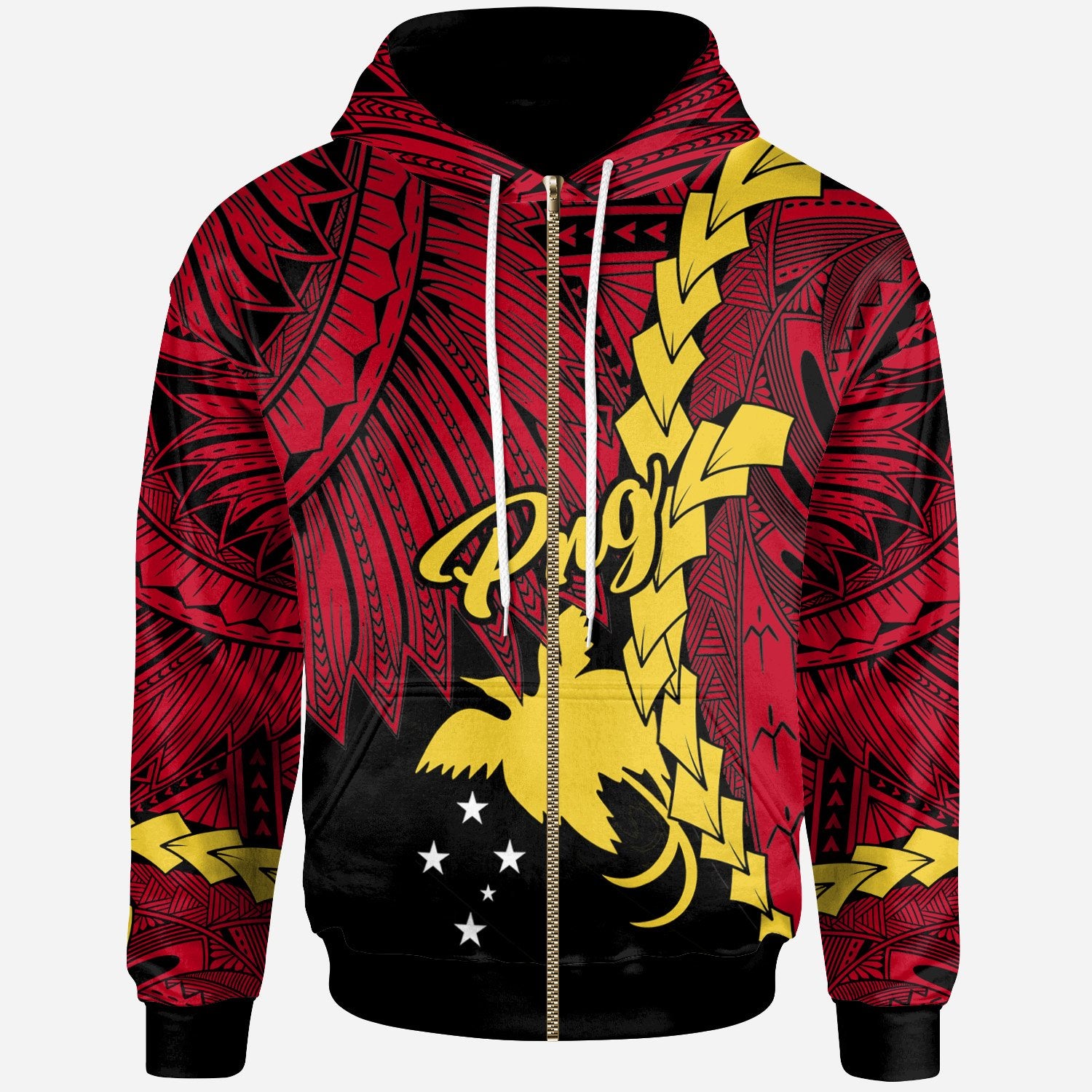 Papua New Guinea Polynesian Zip up Hoodie Tribal Wave Tattoo Flag Color Unisex Red - Polynesian Pride