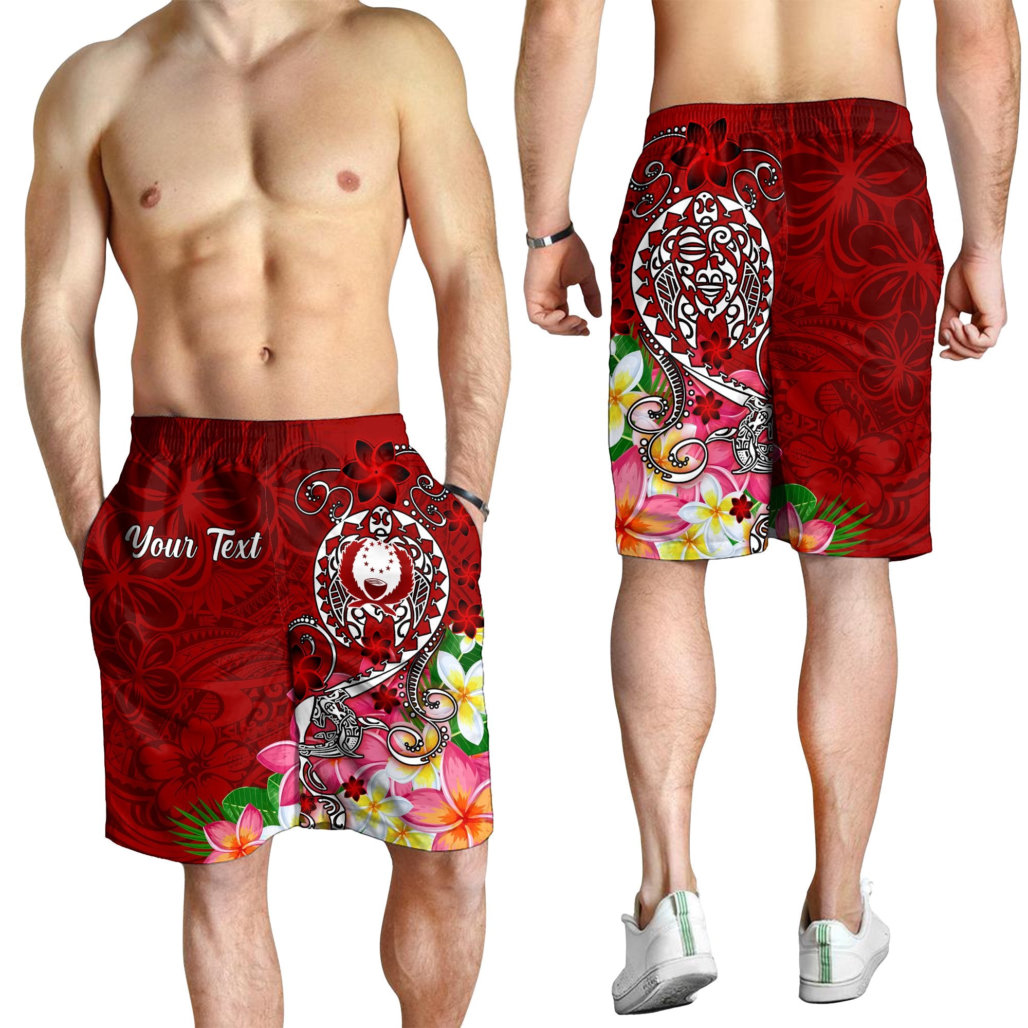 Pohnpei Men's Shorts - Turtle Plumeria (Red) Red - Polynesian Pride