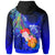 Cook Islands Custom Zip up Hoodie Humpback Whale with Tropical Flowers (Blue) - Polynesian Pride