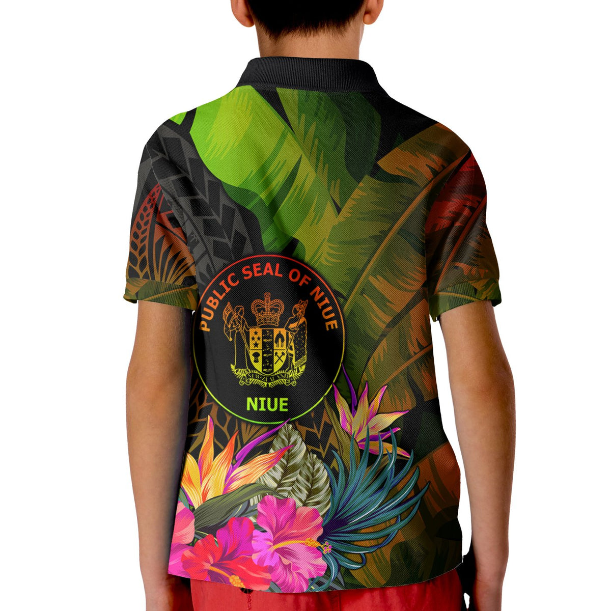 Niue Polynesian Custom Polo Hibiscus and Banana Leaves - Polynesian Pride