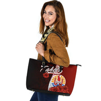 Tahiti Polynesian Leather Tote Bag - Coat Of Arm With Hibiscus - Polynesian Pride