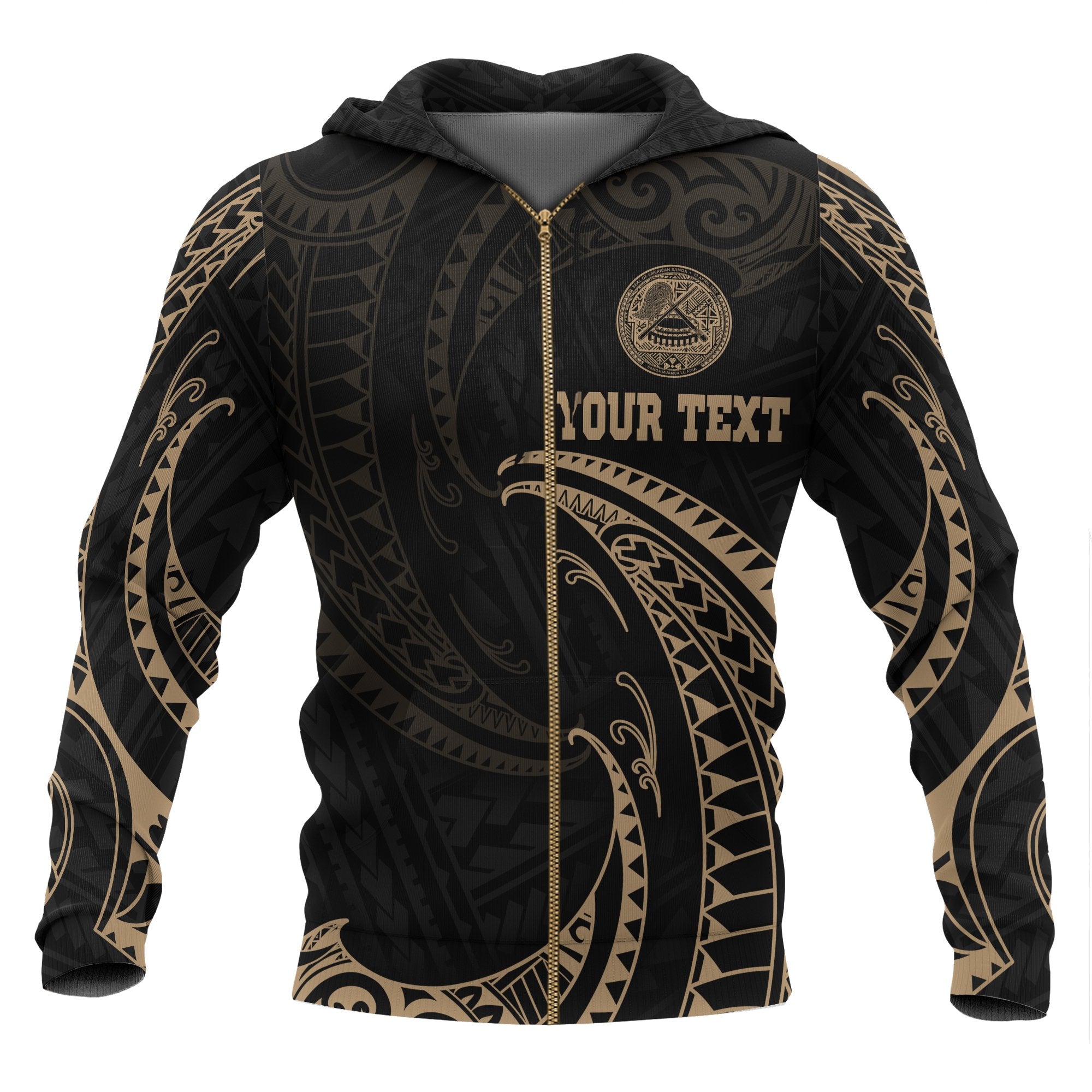 American Samoa Polynesian Custom Zip up Hoodie Gold Tribal Wave Unisex Black - Polynesian Pride