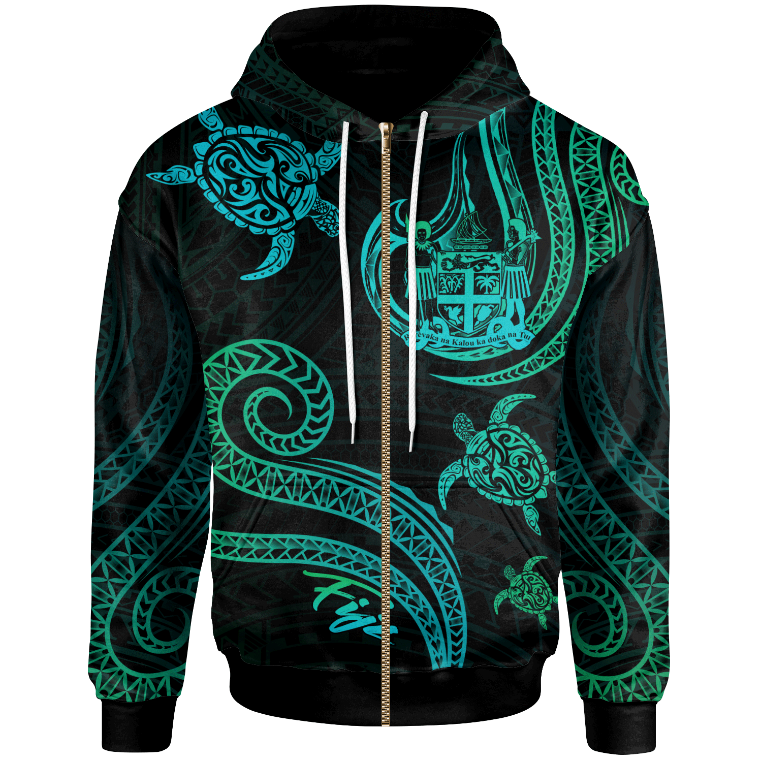 Fiji Zip Hoodie Polynesian Turtle With Pattern Unisex Blue Green - Polynesian Pride