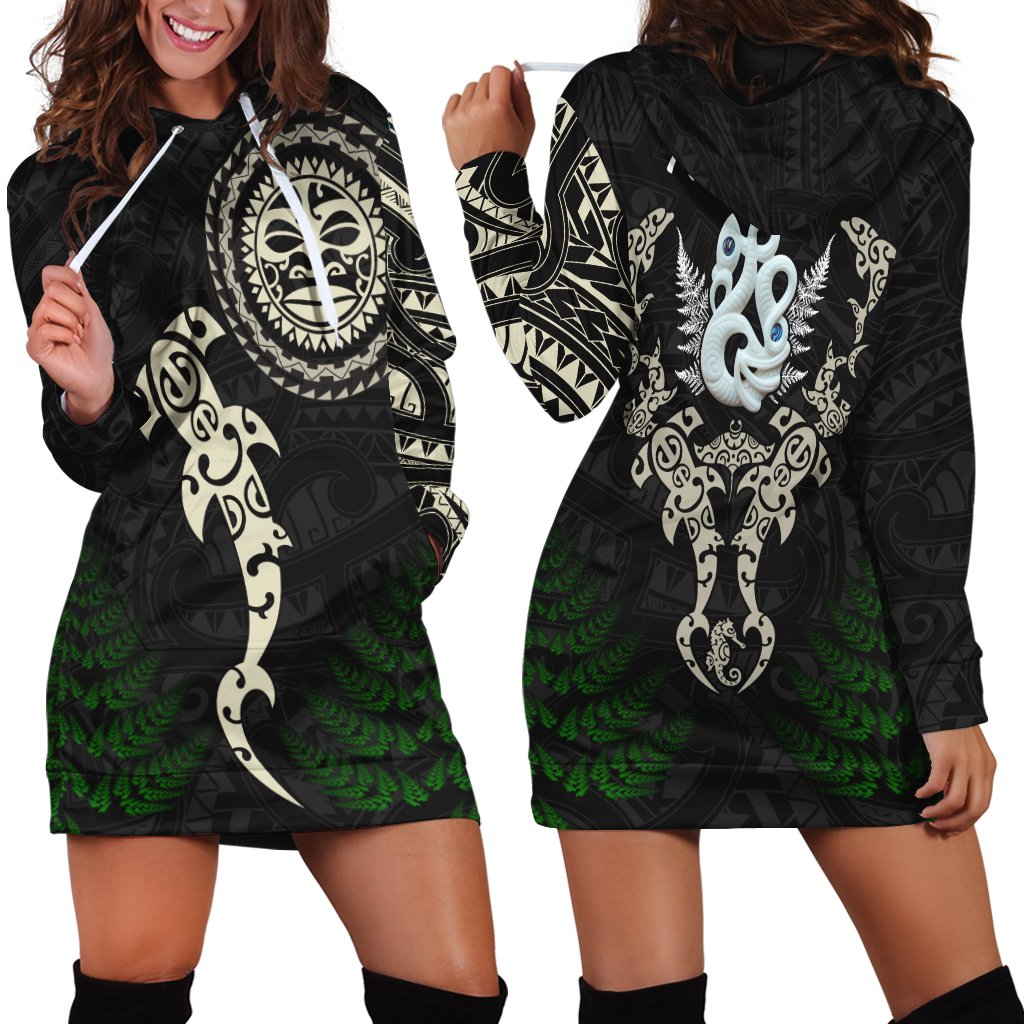 Aotearoa Fern Hoodie Dress Maori Manaia and Fish LT13 Hoodie Dress Black - Polynesian Pride